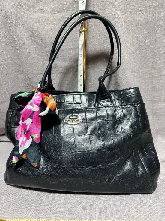 Coach Handbags - Coach Black Croc-Embossed Leather Tote with Floral Scarf Accent